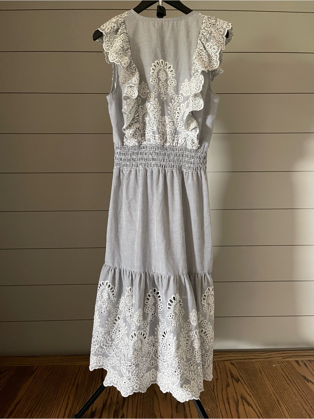 SAYLOR Maliyah White Dress with Gray Pinstripes and Lace Eyelet - Picture 5 of 6